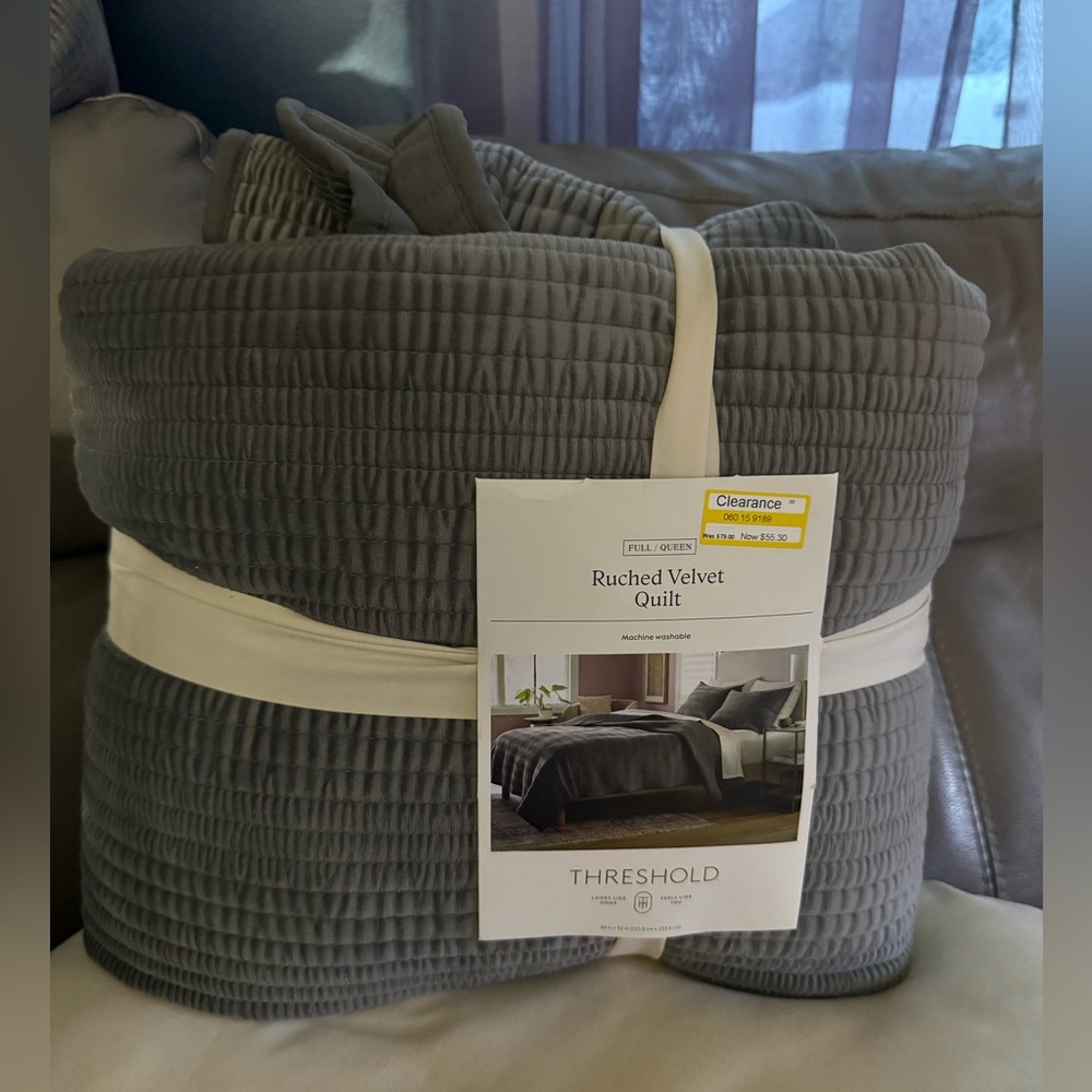 Threshold Ruched Velvet Quilt in Gray and Cream